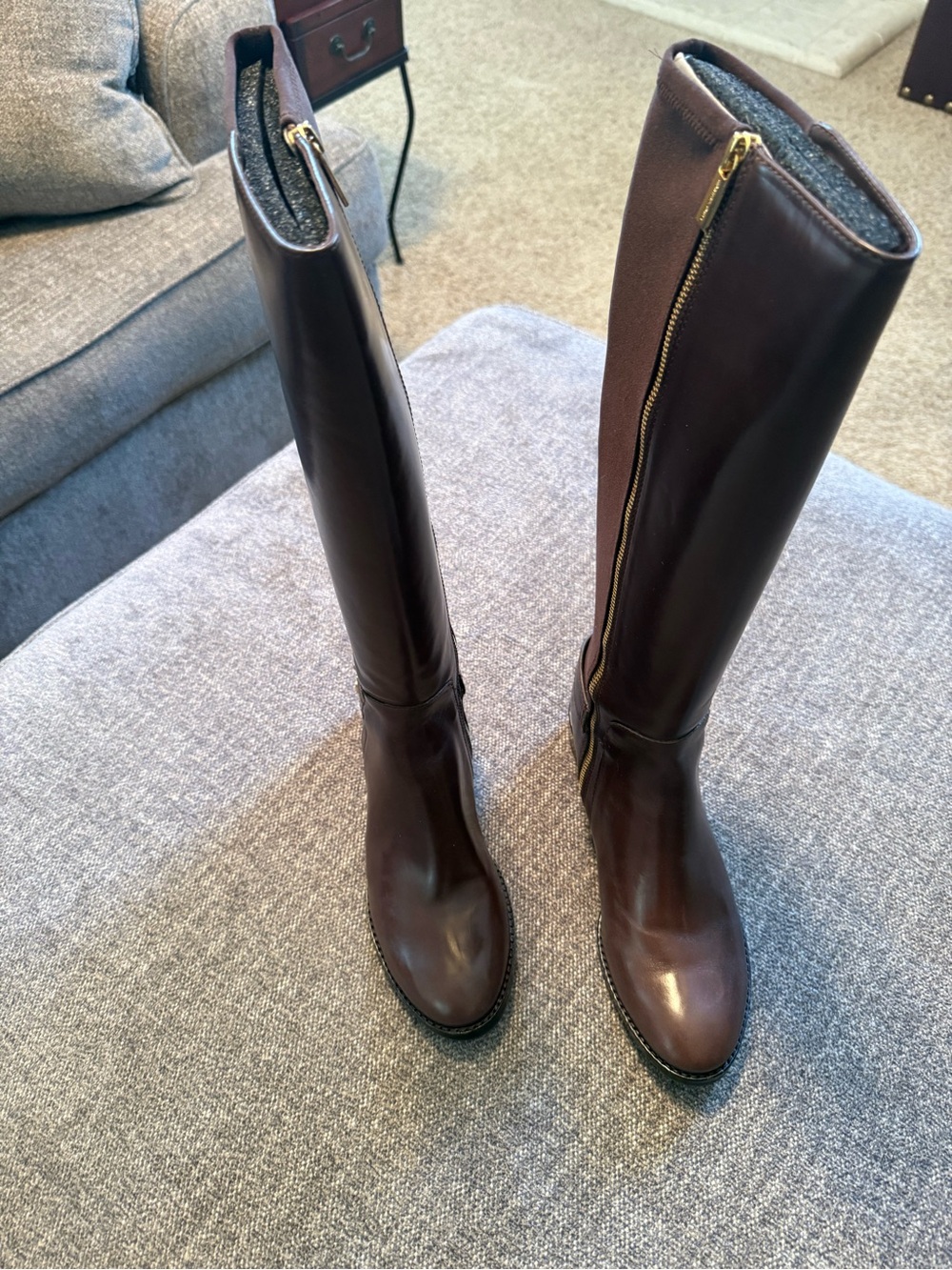 Michael Kors Dark Brown Leather Tall Riding Boots with Gold Zipper